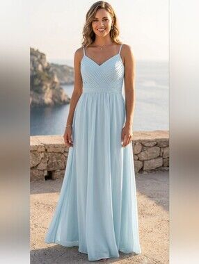 Kennedy Blue Light Blue Pleated Chiffon Formal Maxi Dress Size 14 Wedding Guest